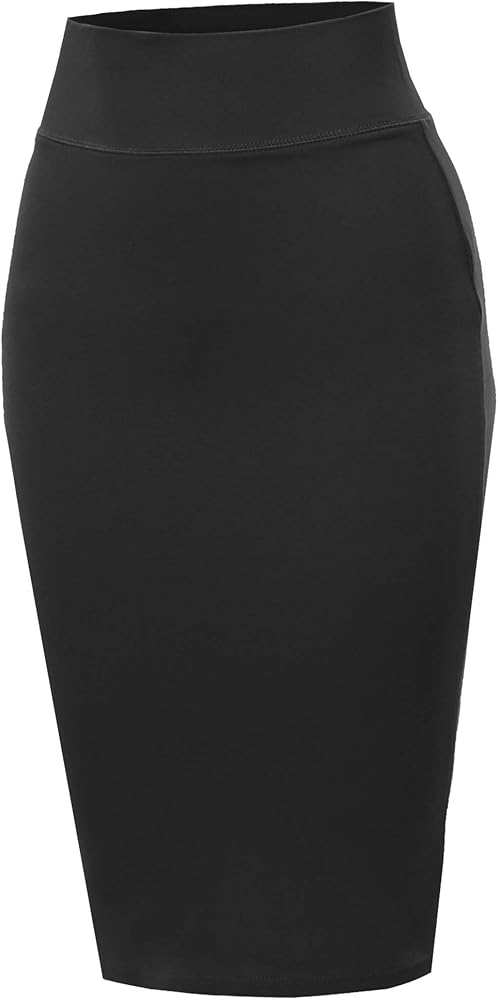 A2Y Women's Basic Solid Ponte Knee Length Slit Techno Span High Waist Pencil Skirt