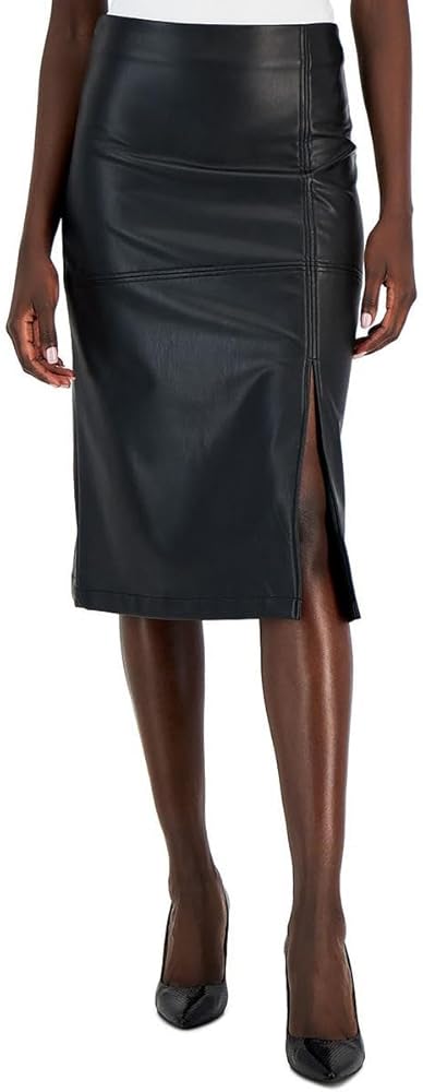 Anne Klein Women's Vegan Leather Slit Front Skirt with Seam Detail