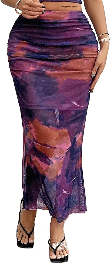 Avanova Women Tie Dye Ruched Mesh Mermaid Bodycon Long Skirt High Waisted Midi Skirts