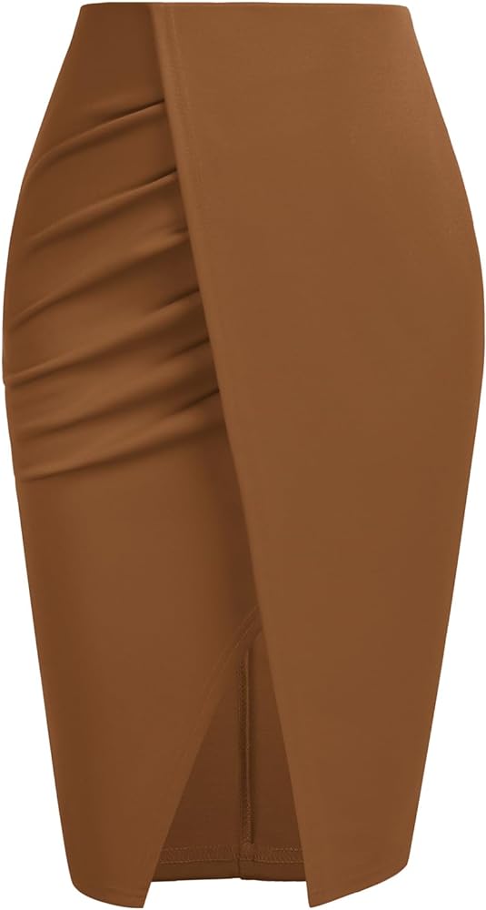 Kate Kasin Wear to Work Pencil Skirts for Women Elastic High Waist Ruched Wrap Split Slit Bodycon Midi Skirt