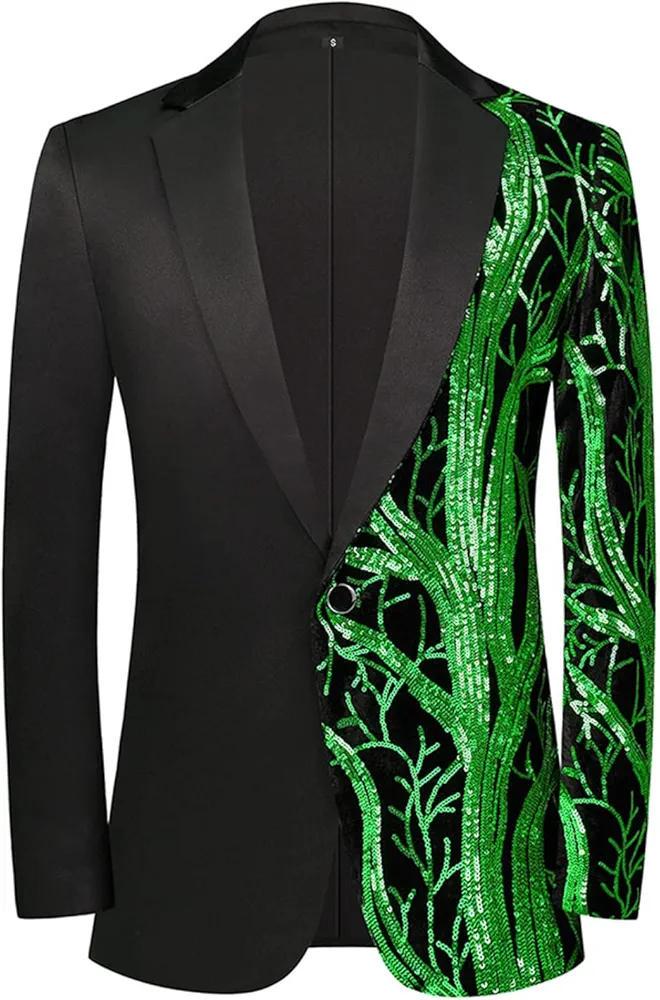 Men Shiny Sequin Blazer Slim Fit Suits Jacket Floral Tuxedo Jacket One Button Dress Suit Party Dinner Prom