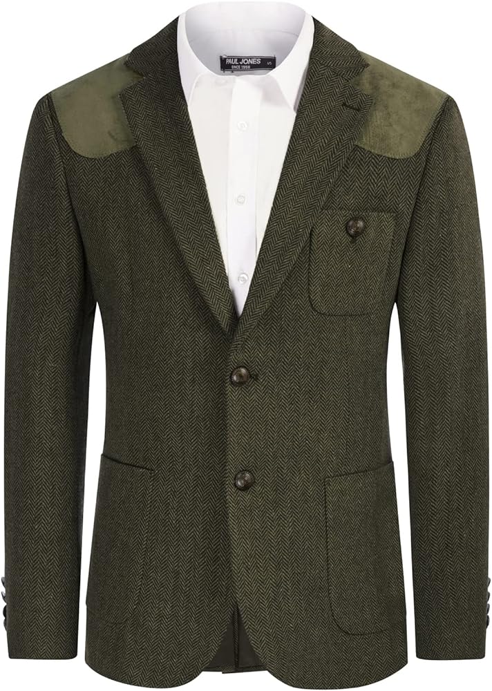 PJ PAUL JONES Men's Blazer Herringbone Tweed Sport Coats Two Button Wool Blend Formal Jacket