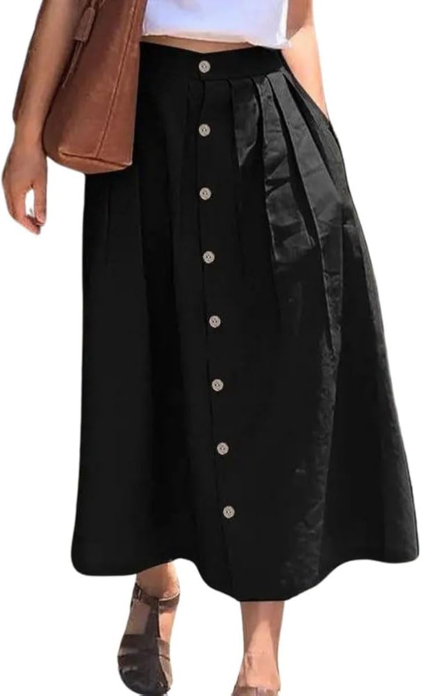 chouyatou Women's High Waisted Button Front Skirt A-Line Pleated Cotton Midi Long Skirt with Pockets