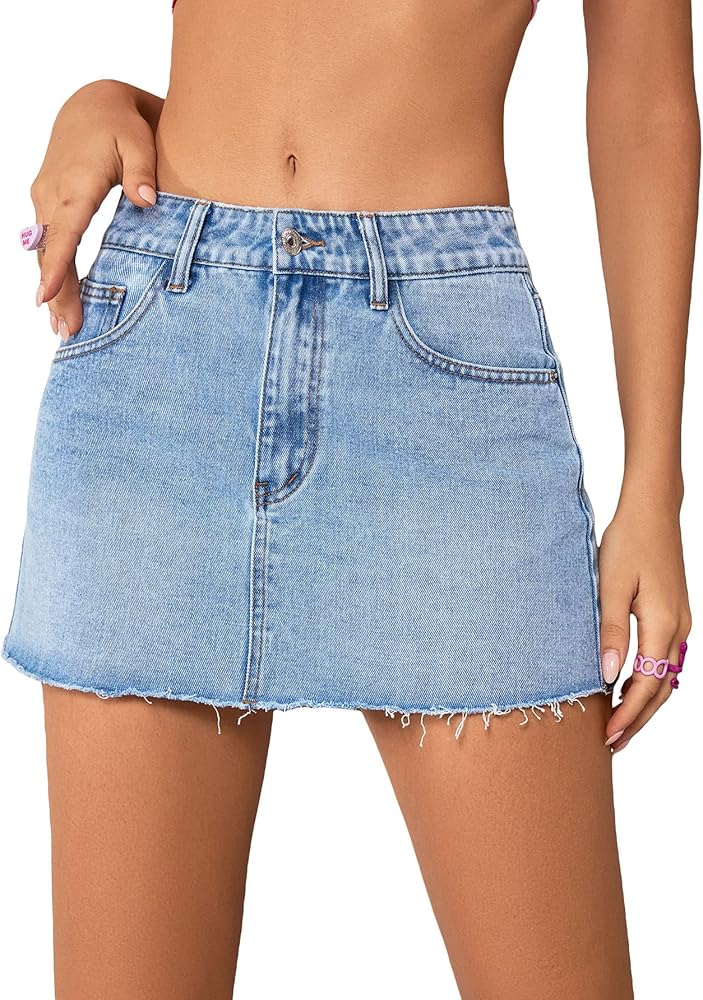 COZYEASE Women's Single Button Front Raw Hem Plain Denim Mini Skirt with Pockets