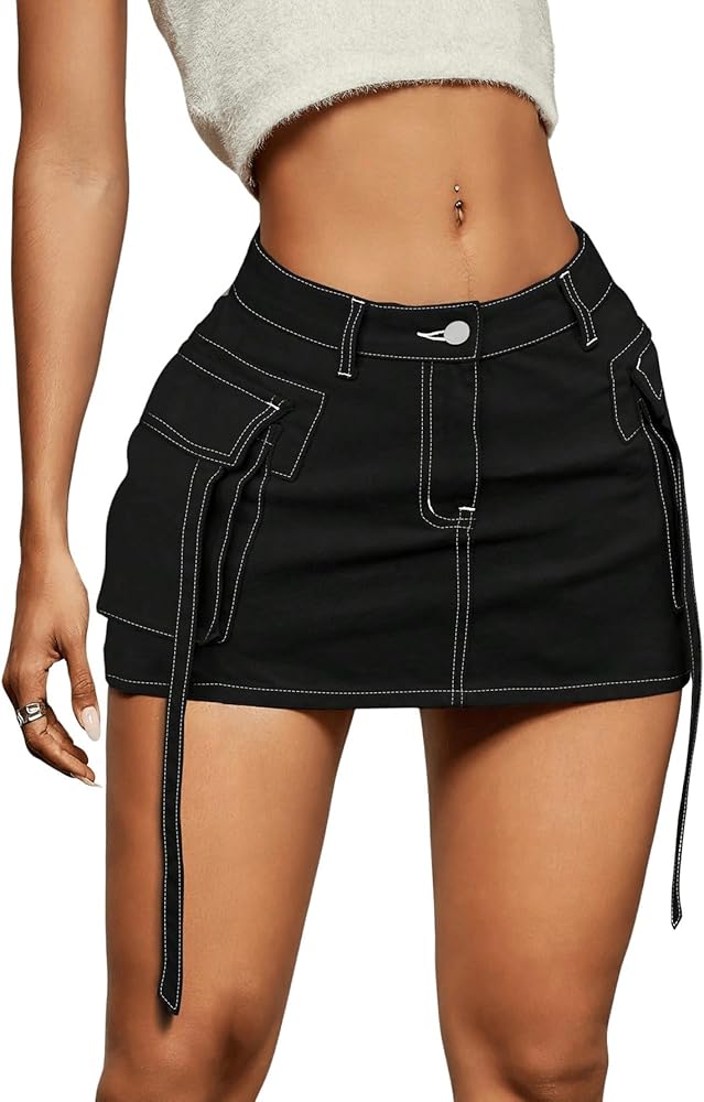 Verdusa Women's Casual Street Low Waist Tape Denim Cargo Mini Skirt with Flap Pocket