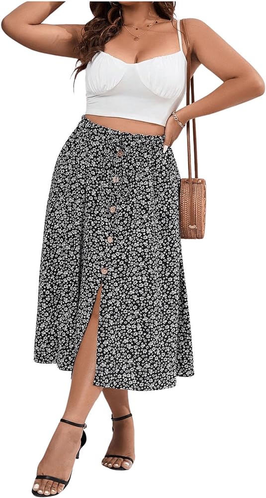 Floerns Women's Plus Size Ditsy Floral Split Thigh Button Front Midi Skirts