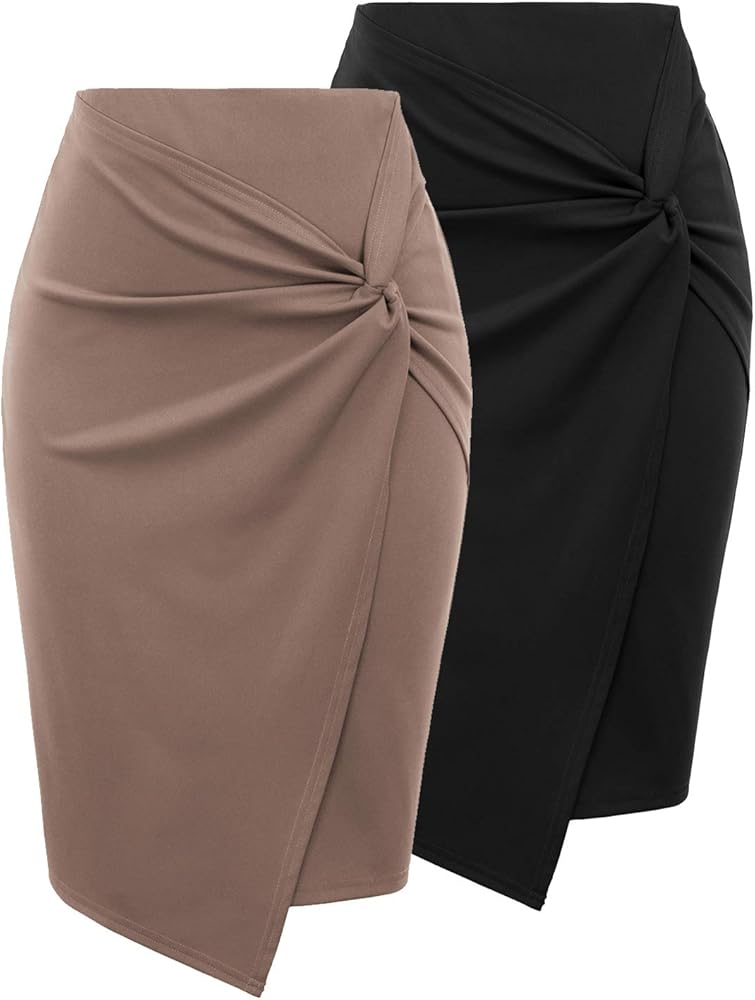 Kate Kasin 2 Pack Wear to Work Pencil Skirts for Women Elastic High Waist Wrap Front Bodycon Midi Skirt