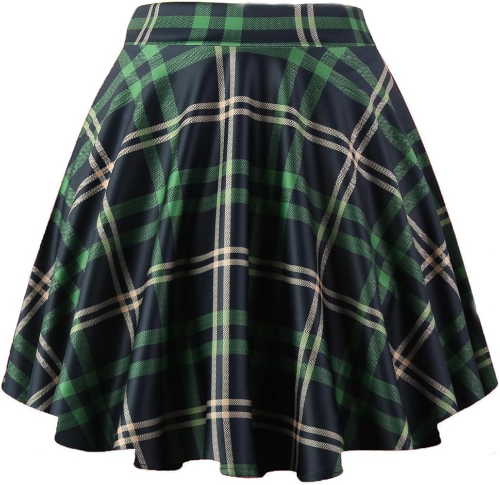 PUKAVT Women's Basic Casual Skirts A-Line Mini Flared Stretchy Skater Party Skirt Green Plaid XX-Large