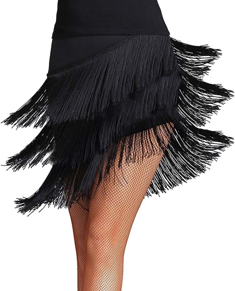 YM YOUMU Women Tassel Tiered Latin Dance Practice Skirt for Tango Ballroom Samba Salsa Dancewear