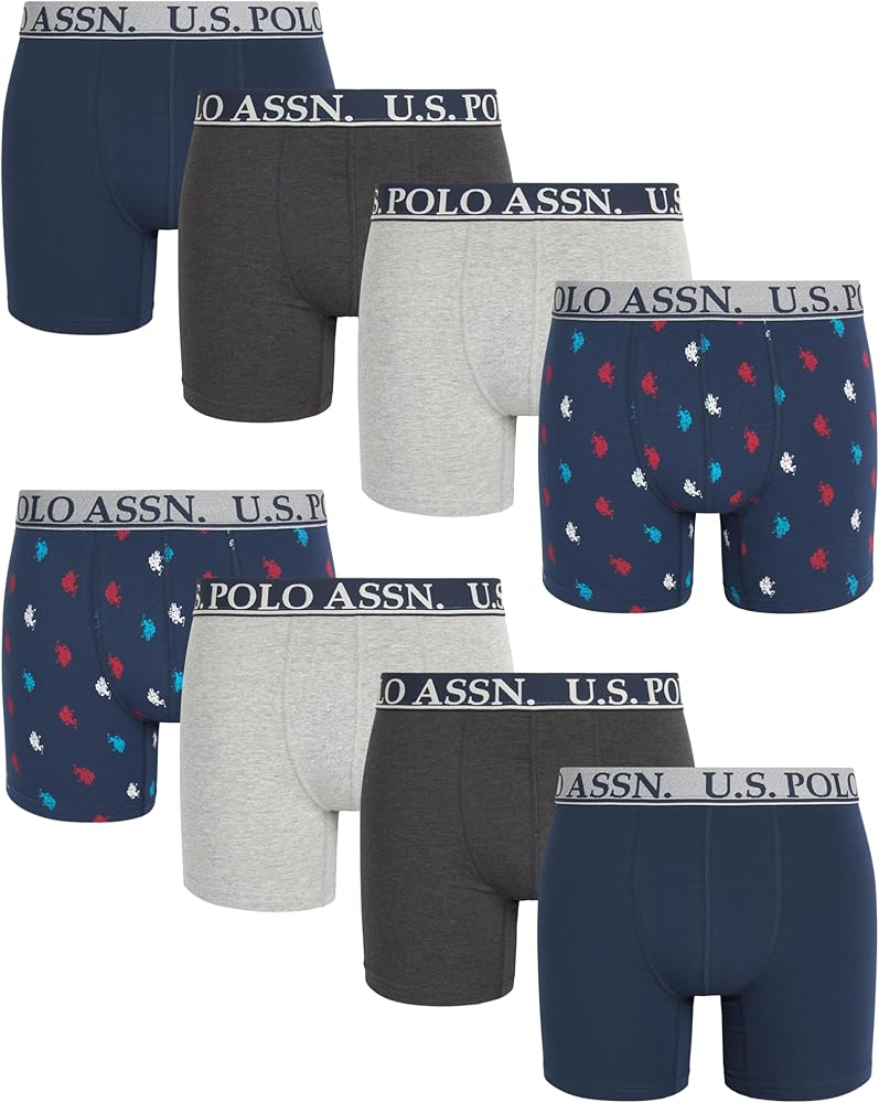 U.S. Polo Assn. Men's Underwear - Performance Stretch Boxer Briefs with Comfort Pouch (8 Pack), Size Medium, Blue/Blue Print/Heather Grey/Phantom