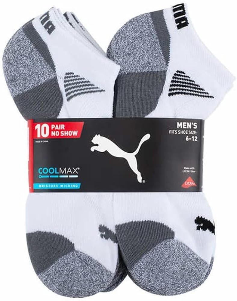 PUMA Mens No Show Socks, White 10 Pair, 13-15, (PUMA-12345-WHT-13-15)