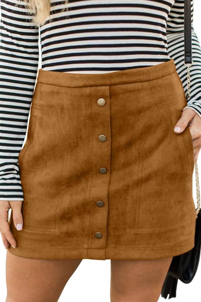 Meyeeka Women's Button Front Faux Suede High Waist A-line Mini Skirt with Pocket