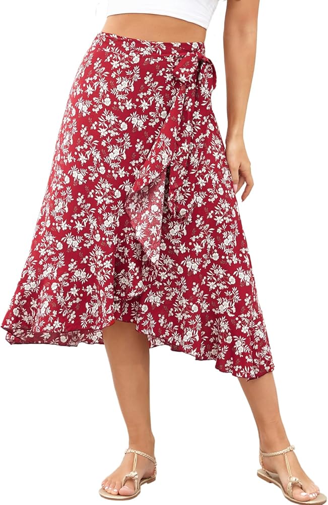 ThCreasa Womens Boho Floral Print High Waisted Wrap Skirts Ruffle Hem Tie Knot Summer Chiffon Flowy Midi Skirts