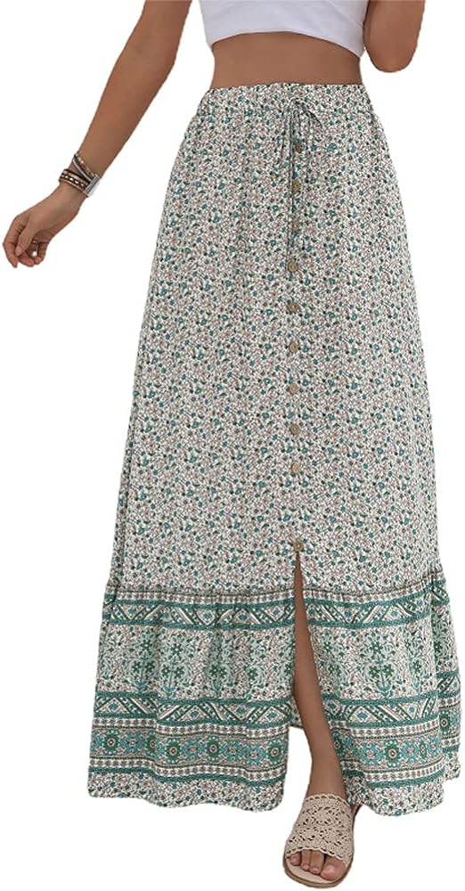 chouyatou Women's Boho Elastic Waist A-Line Floral Print Maxi Skirt Front Split