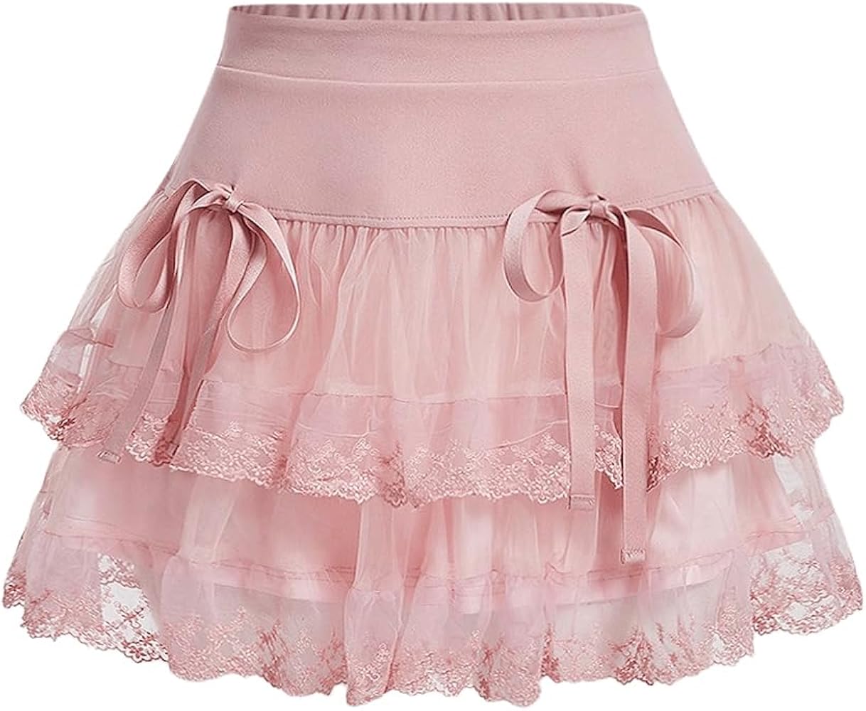 Women's Y2K Solid Tiered Layer Skirt High Waist Contrast Mesh Lace Tie Bow Front Loose Mini Skirt Cake Skirt