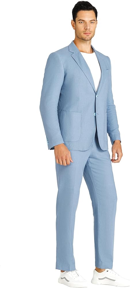 Men's 2 Piece 100% Linen Slim Fit Suit Two Buttons Blazer & Suit Pants Set Solid Business Suits