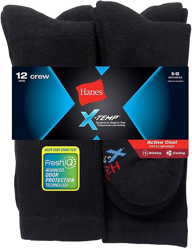 Hanes Men's 10-Pack FreshIQ Cushion Crew Socks (10-13, Black X-Temp Technology)