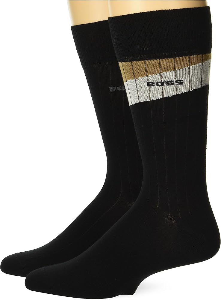 BOSS Mens Solid Color And Block Stripe 2 Pack Ribbed Socks, Black Oil, 7-13 US