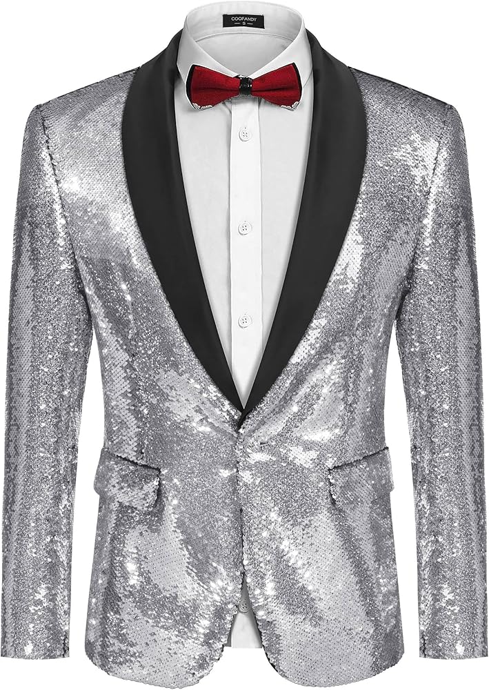 COOFANDY Men Shiny Sequin Blazer Tuxedo Party Dinner Prom One Button Suit Jacket