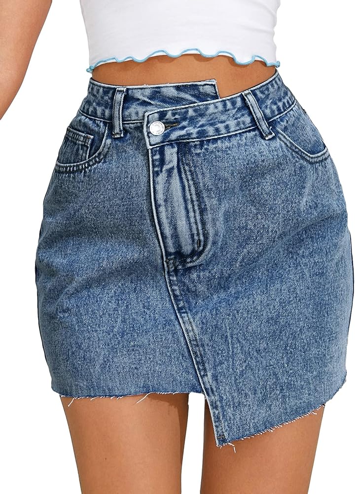 Floerns Women's Casual Asymmetrical Waist Jeans Skirt Raw Trim Denim Skirt