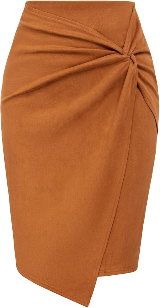 Kate Kasin Women's Faux Suede Pencil Skirt High Waist Side Knot Knee Length Business Casual Wrap Bodycon Skirts
