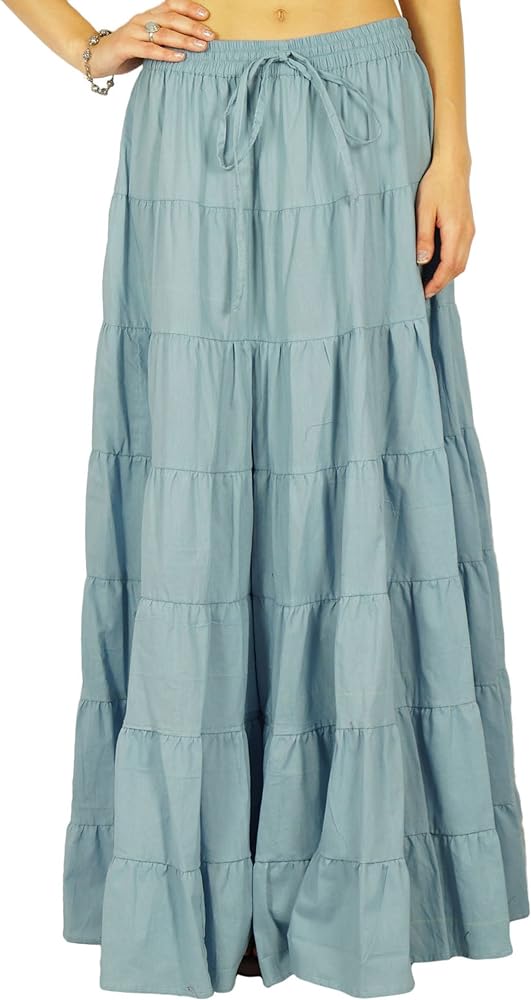 Solid Long Maxi Cotton Beach Wear Skirt for Women Elastic Waist Skirt Summer Wear