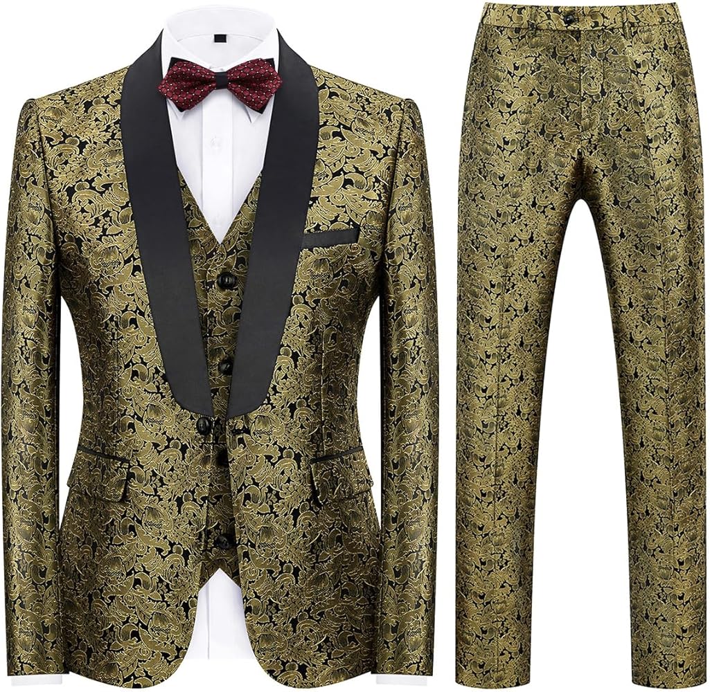 KUDORO Mens Suits Slim Fit 3 Piece Tuxedo Suit Set for Prom Wedding Party Paisley Jacket Vest Pants Homecoming Outfit
