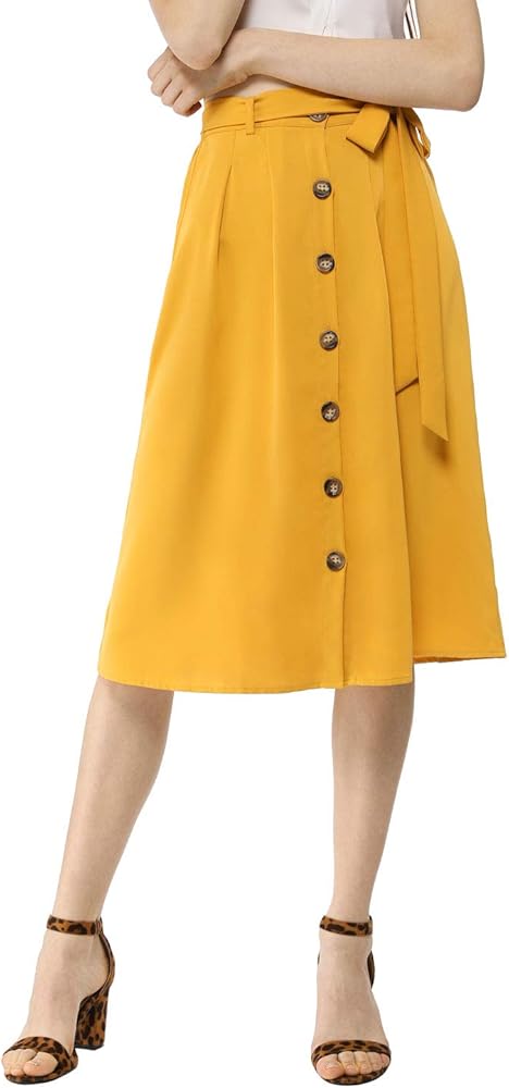 Allegra K Women's Button Front Casual High Waist Belted Midi Flare Skirt