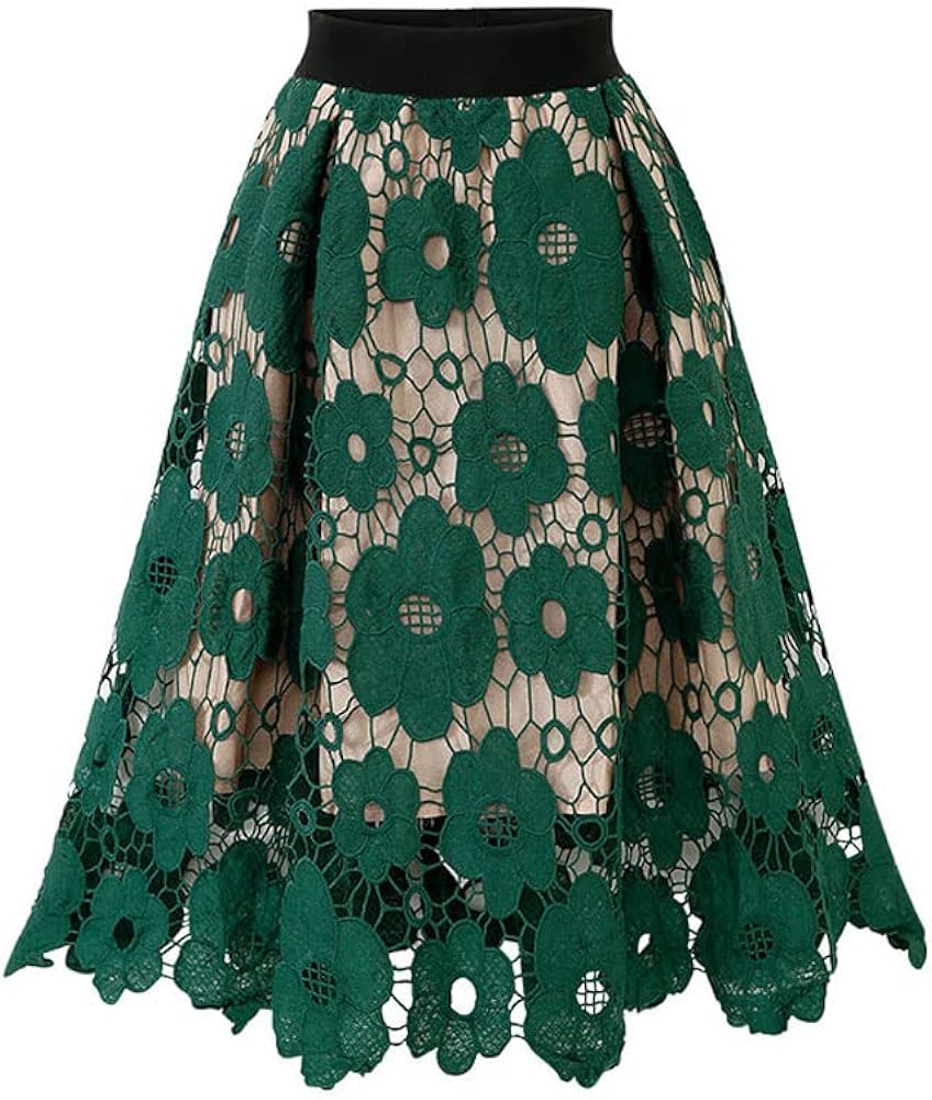 chouyatou Women's Beautiful Hollow-Out Floral Lace High Waisted A-Line Midi Long Skirt