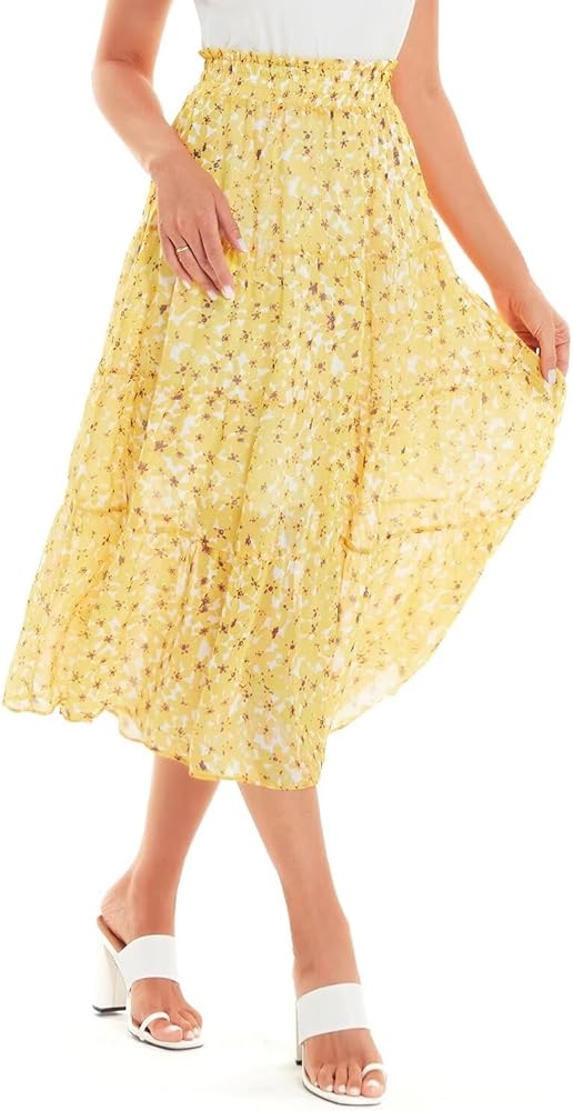 DIASHINY Women's Boho Printed High Waist Pleated Layered Elastic Waist A Line Long Skirt