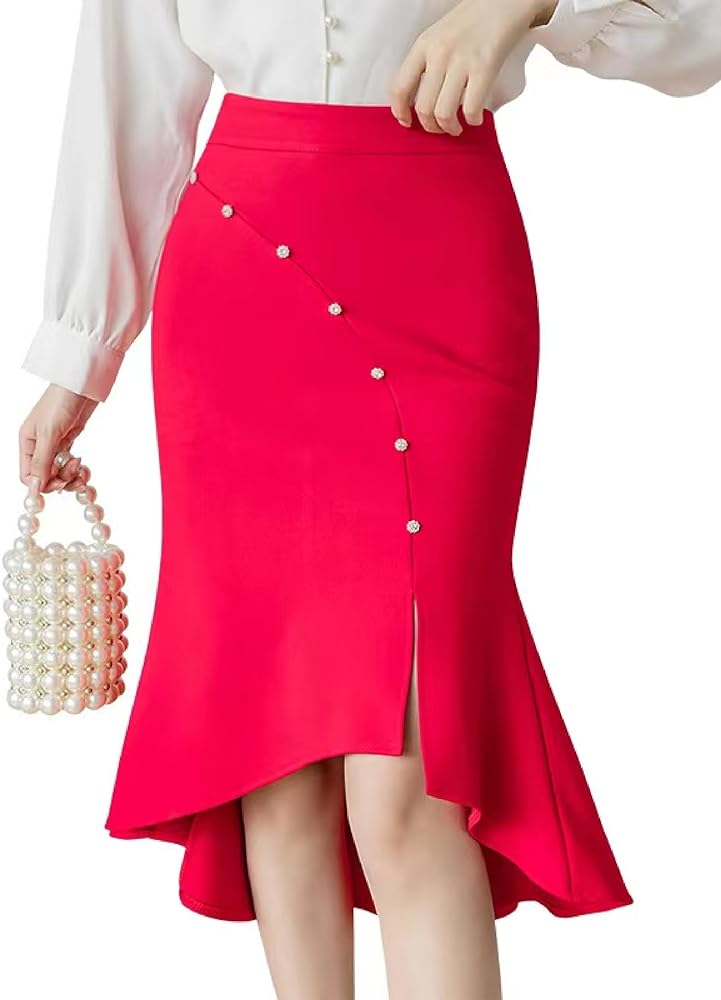 Women's Button Decor Split Elegant Vintage Office Knee Length Pencil Fishtail Skirt