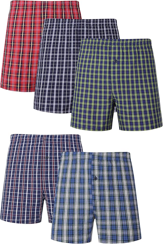 Men's Boxer Shorts 100% Cotton Classic Plaid Woven Boxers for Men Soft Breathable Mens Underwear with Button Fly