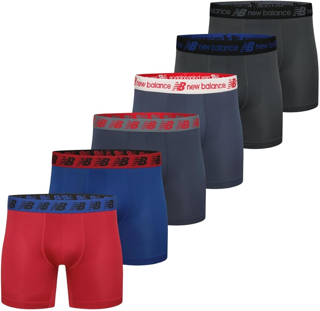 New Balance Men's Premium Performance Boxer Briefs, Moisture Wicking Lightweight Breathable Underwear, Tagless, Assorted 6 Pack, Tm NVY/Red/Grey/Tm Roy