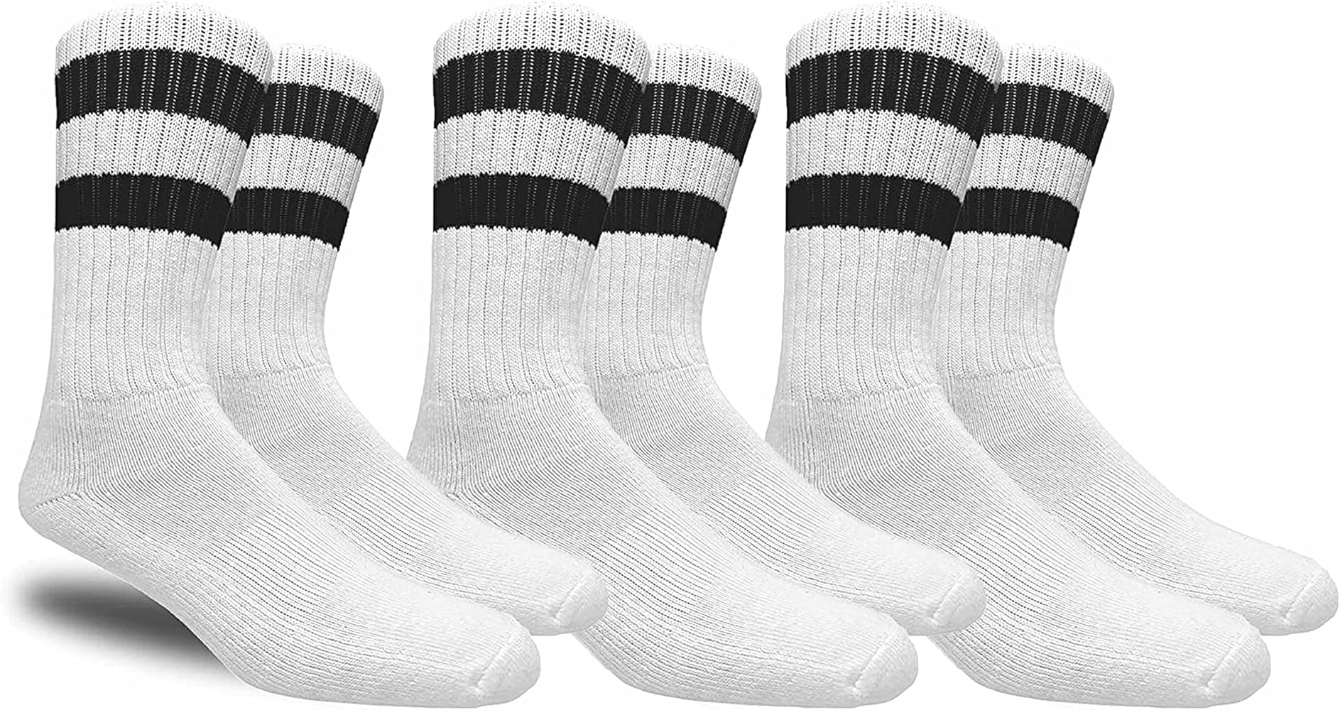 3 Pairs Men Stripe Tube Crew Socks Calf Retro Sport Athletic White One Size 17"L
