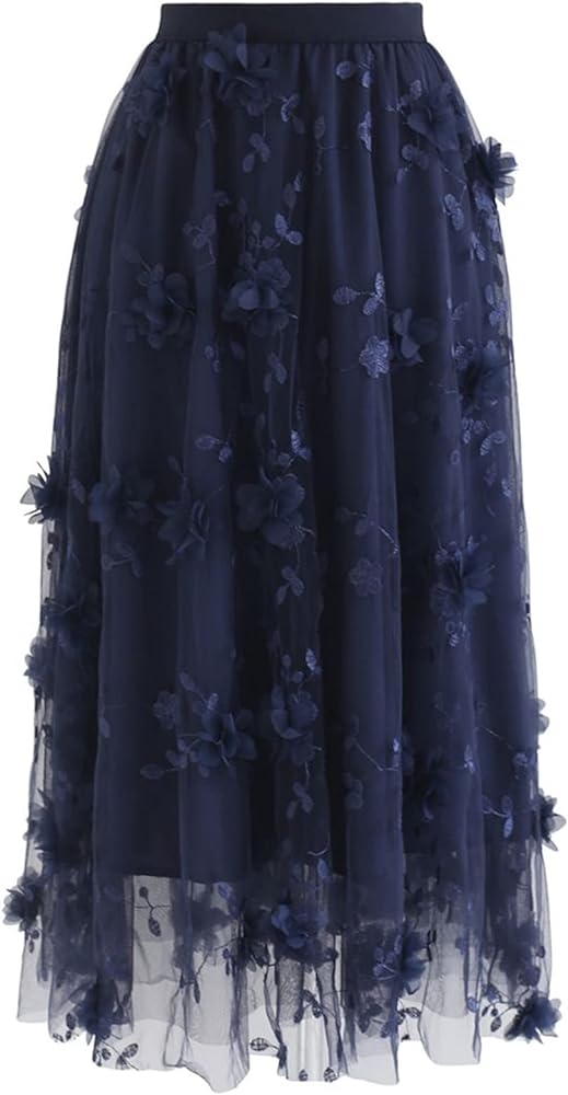CHICWISH Women's 3D Mesh Flower Embroidered Tulle Midi Skirt