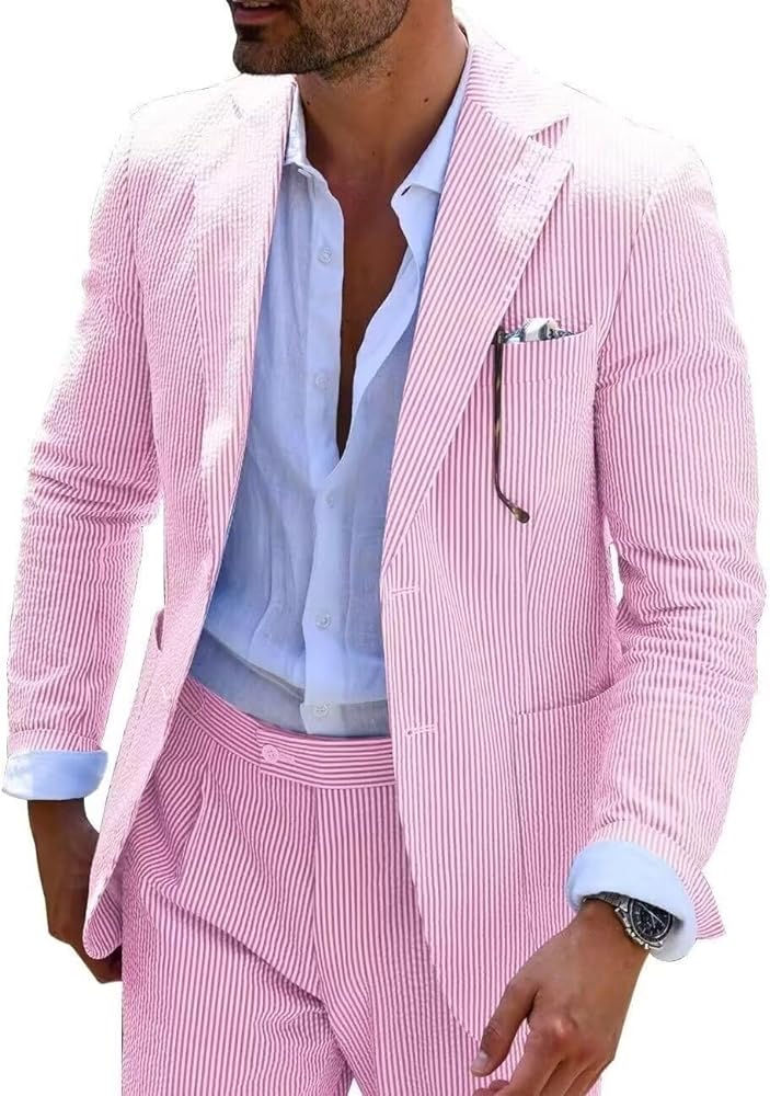 Men Suits Summer 2 Pieces Seersucker Suit Pinstrip Casual 2 Button Slim Fit Suits for Men Wedding Party Suit Jacket Pants