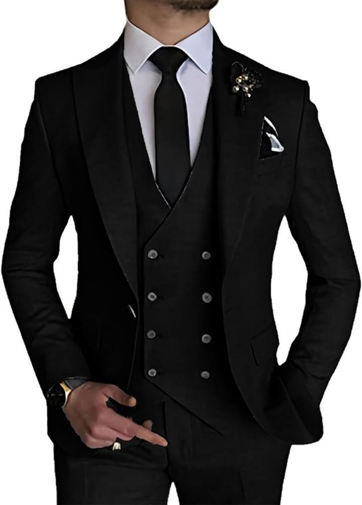 3 Piece Suits for Men, Men's Slim Fit Suit Set One Button Solid Blazers Double Breasted Vest Pants Tuxedo Set