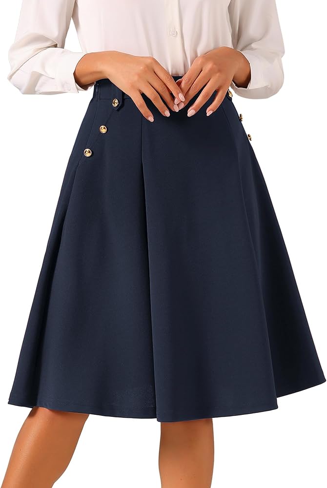Allegra K Women's High Waist Button Decor Vintage Pleated Flared Midi Skirt