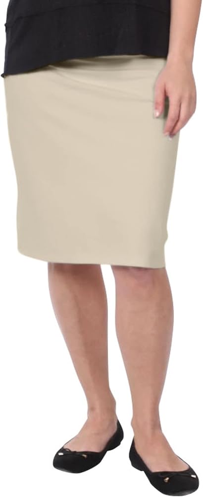 Kosher Casual Modest Knee Length Pencil Skirt for Women in Lightweight Cotton Spandex Large Khaki Beige
