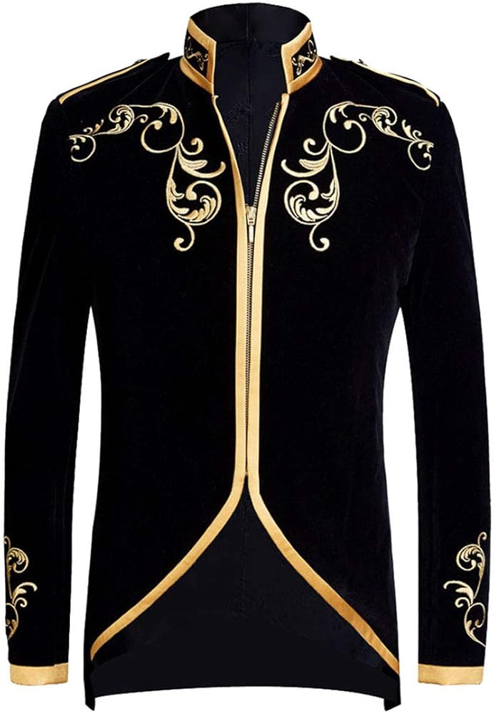 Mens Stylish Court Prince Black Velvet Gold Embroidery Blazer Suit Jacket