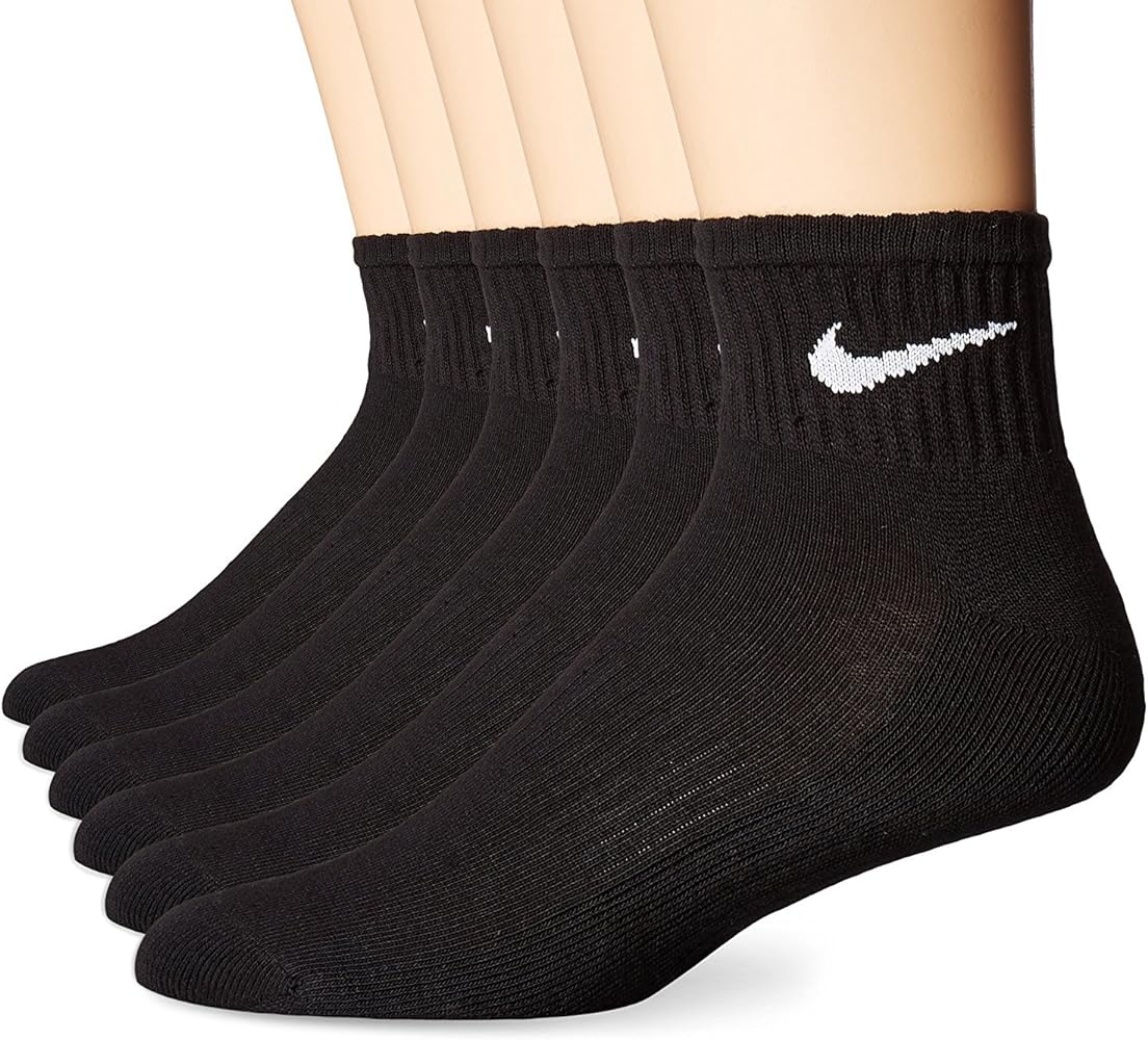 Nike Mens Performance Cushion Quarter Socks (6 Pairs), Black/White, Large