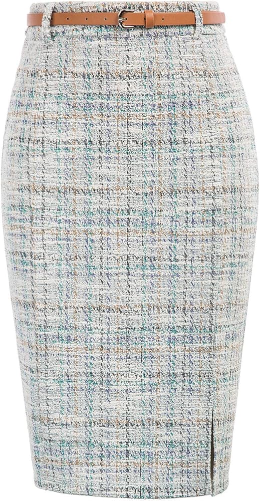 Kate Kasin Women's Tweed Pencil Skirt Knee Length High Waisted Skirts with Slit Elegant Skirts with Belt