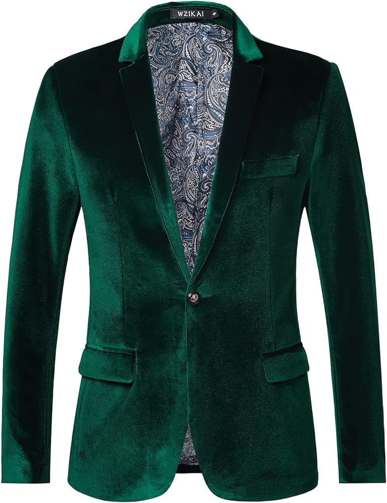 WZIKAI Mens Velvet Blazer One Button Slim Fit Solid Fashion Suit Jacket Sport Coat for Wedding Prom Dinner Party