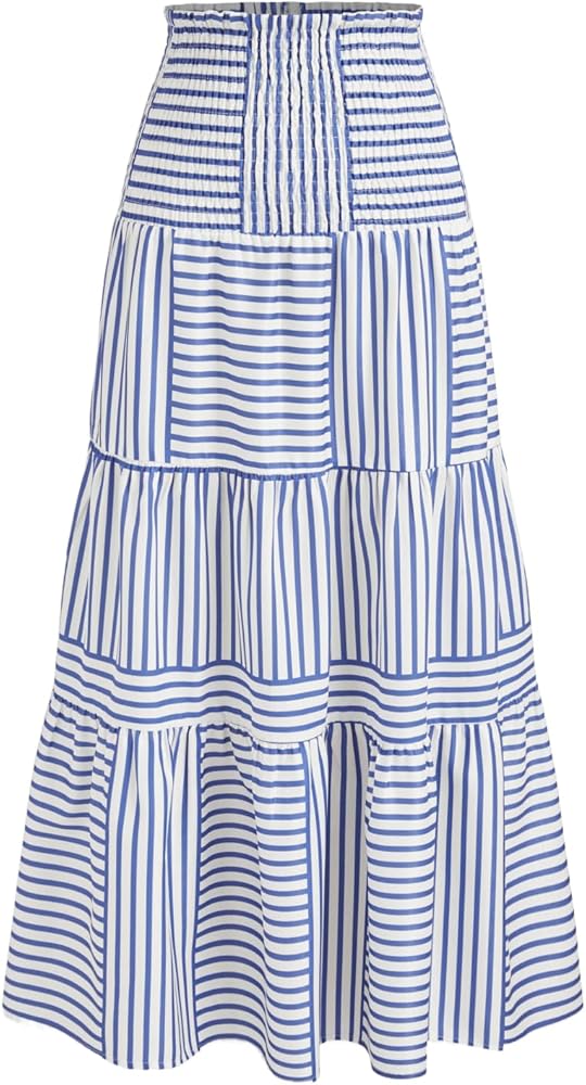 CIDER Santorini Beach Vacation Two Way High Rise Striped Shirred Maxi Skirt