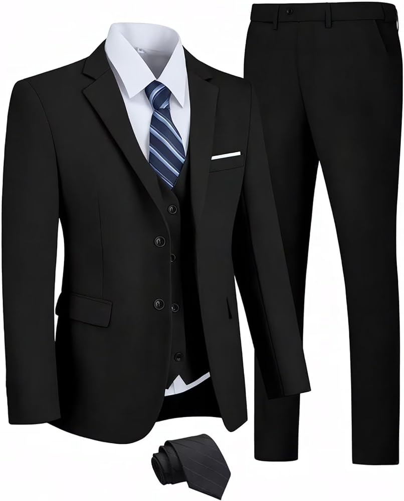Men's Suits 3 Pieces Slim Fit, 2 Button Business Suit Prom Formal Suit Blazer Jacket Vest Pants Set with Tie