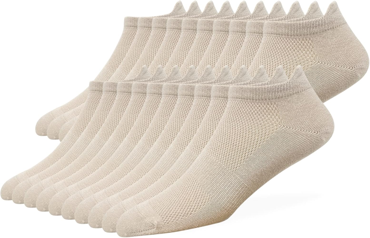 Men's No Show Socks Beige Low Cut Mesh Breathable Cotton Comfortable Soft Tan Big & Tall With Tab, 10 Pairs