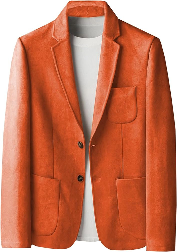 Mens Blazer Suede Jacket Casual 2 Buttons Sport Coat Faux Leather Suit Slim Fit