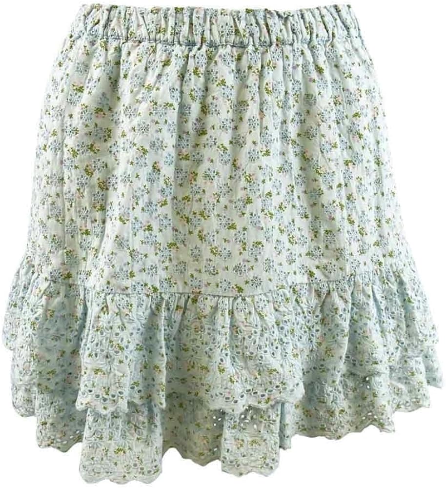 Lucky Brand Womens Light Blue Eyelet Ruffled Tiered Lined Elastic Waist Floral Short A Line Skirt