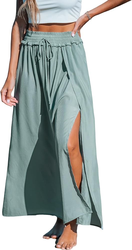 CUPSHE Women Skirts Smocked Drawstring Waist Maxi Skirt High Waist Casual Summer Holiday Beach