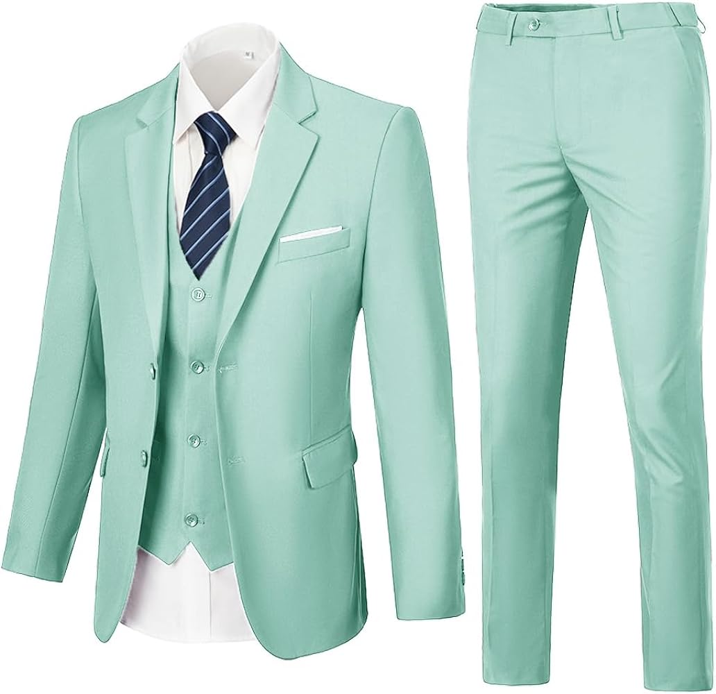 Mens 3 Piece Slim Fit Suit Set, 2 Button Solid Blazer Jacket Vest Pants Business Tuxedo